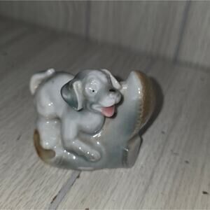 Vtg Dog Chewing On A Boot Glazed Porcelain Small Figurine 3"  Japan Puppy